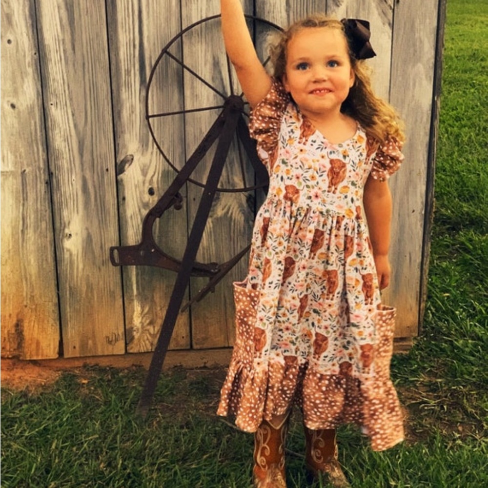 Highland cow little girls dress size 5-7